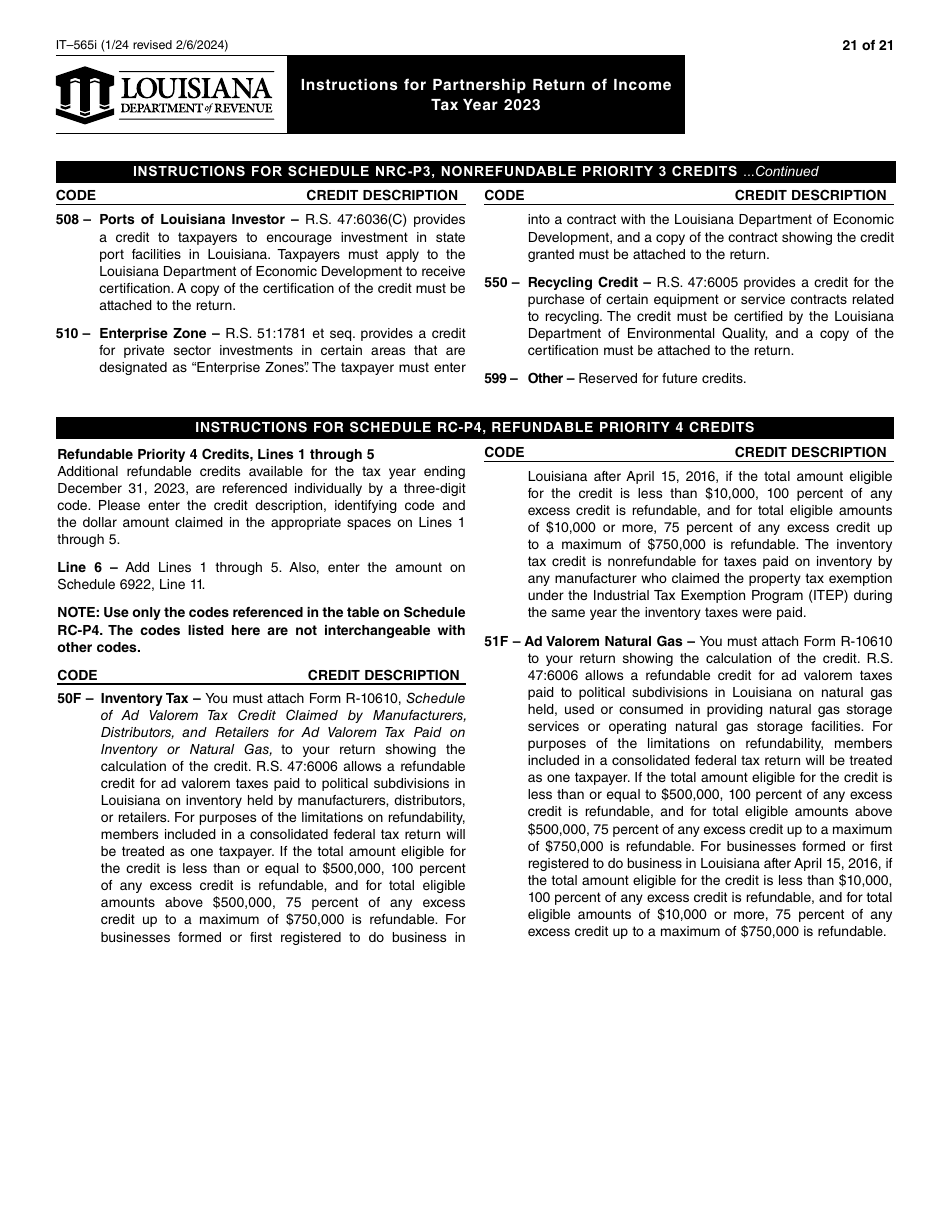 Instructions for Form IT-565 Partnership Return of Income - Louisiana, Page 21