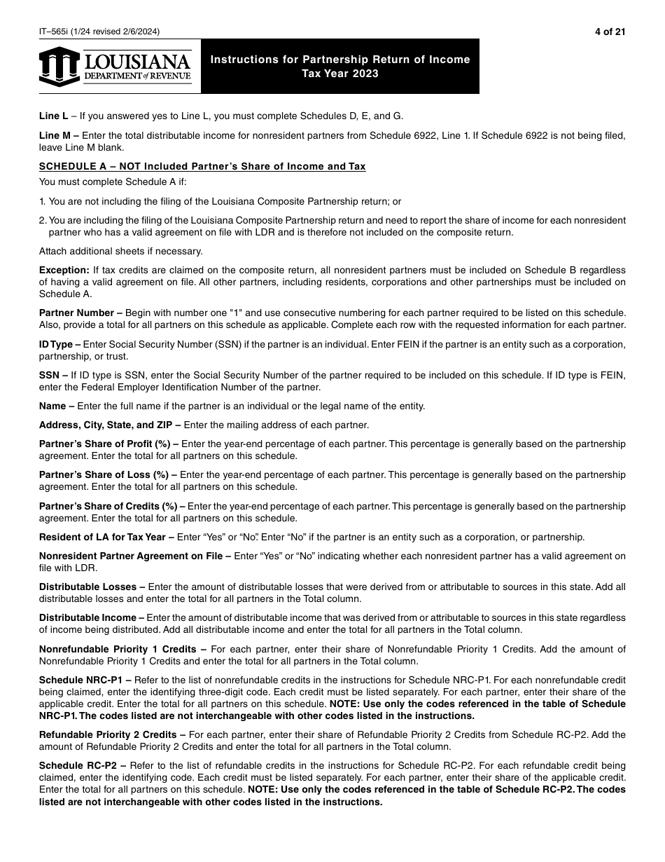 Instructions for Form IT-565 Partnership Return of Income - Louisiana, Page 4