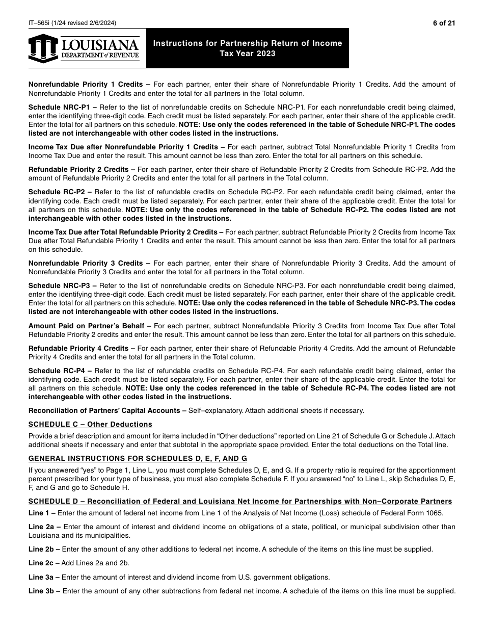 Instructions for Form IT-565 Partnership Return of Income - Louisiana, Page 6