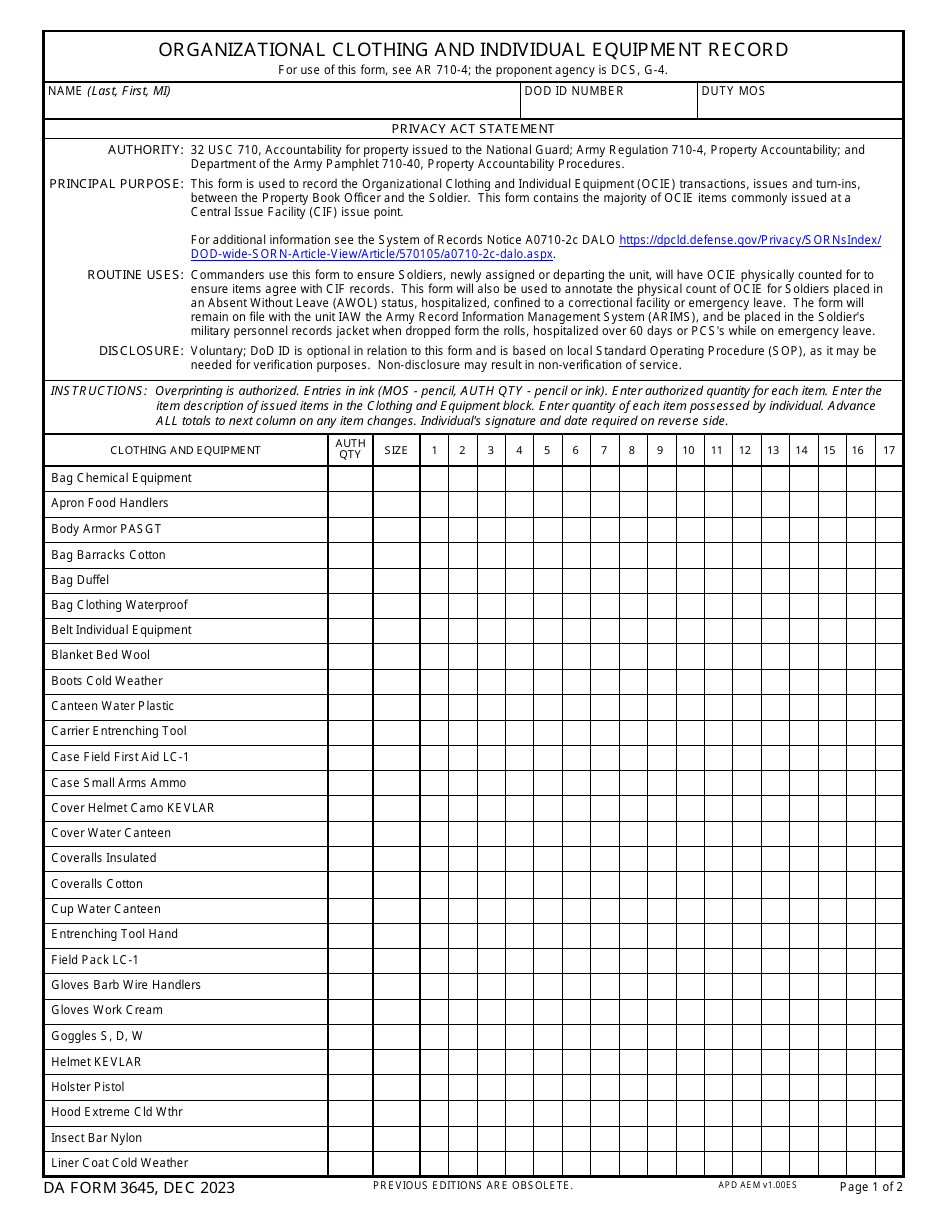 DA Form 3645 Organizational Clothing and Individual Equipment Record, Page 1