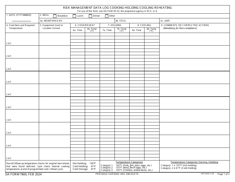 DA Form 7800 Download Fillable PDF or Fill Online Risk Management Data ...