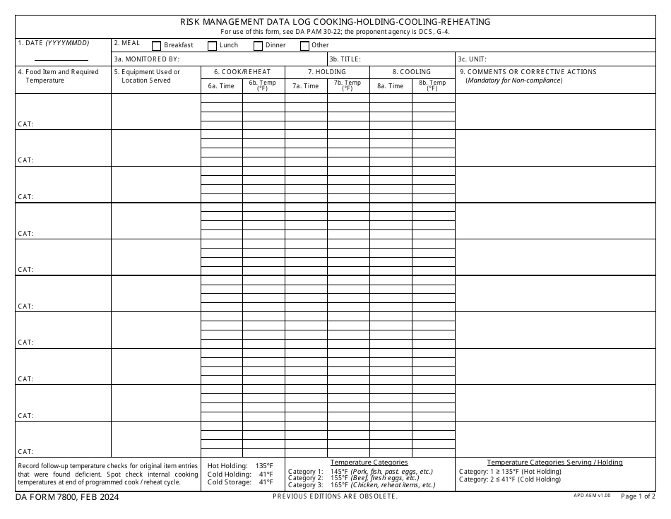 DA Form 7800 Risk Management Data Log Cooking-Holding-Cooling-Reheating, Page 1