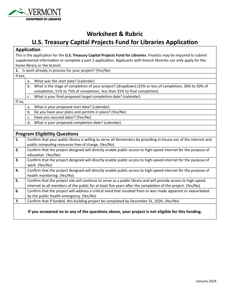 Worksheet  Rubric - U.S. Treasury Capital Projects Fund for Libraries Application - Vermont, Page 1