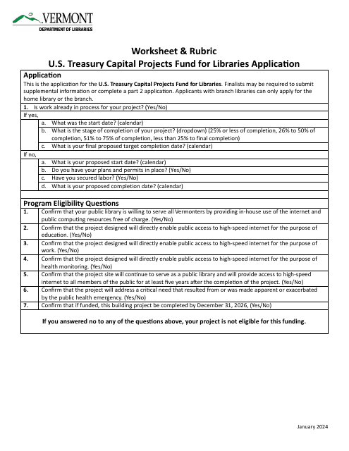 Worksheet & Rubric - U.S. Treasury Capital Projects Fund for Libraries Application - Vermont