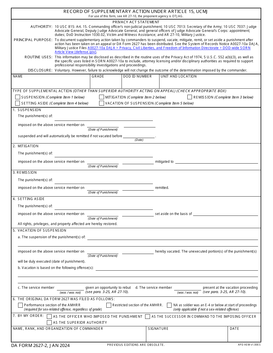 DA Form 2627-2 Record of Supplementary Action Under Article 15, Ucmj, Page 1