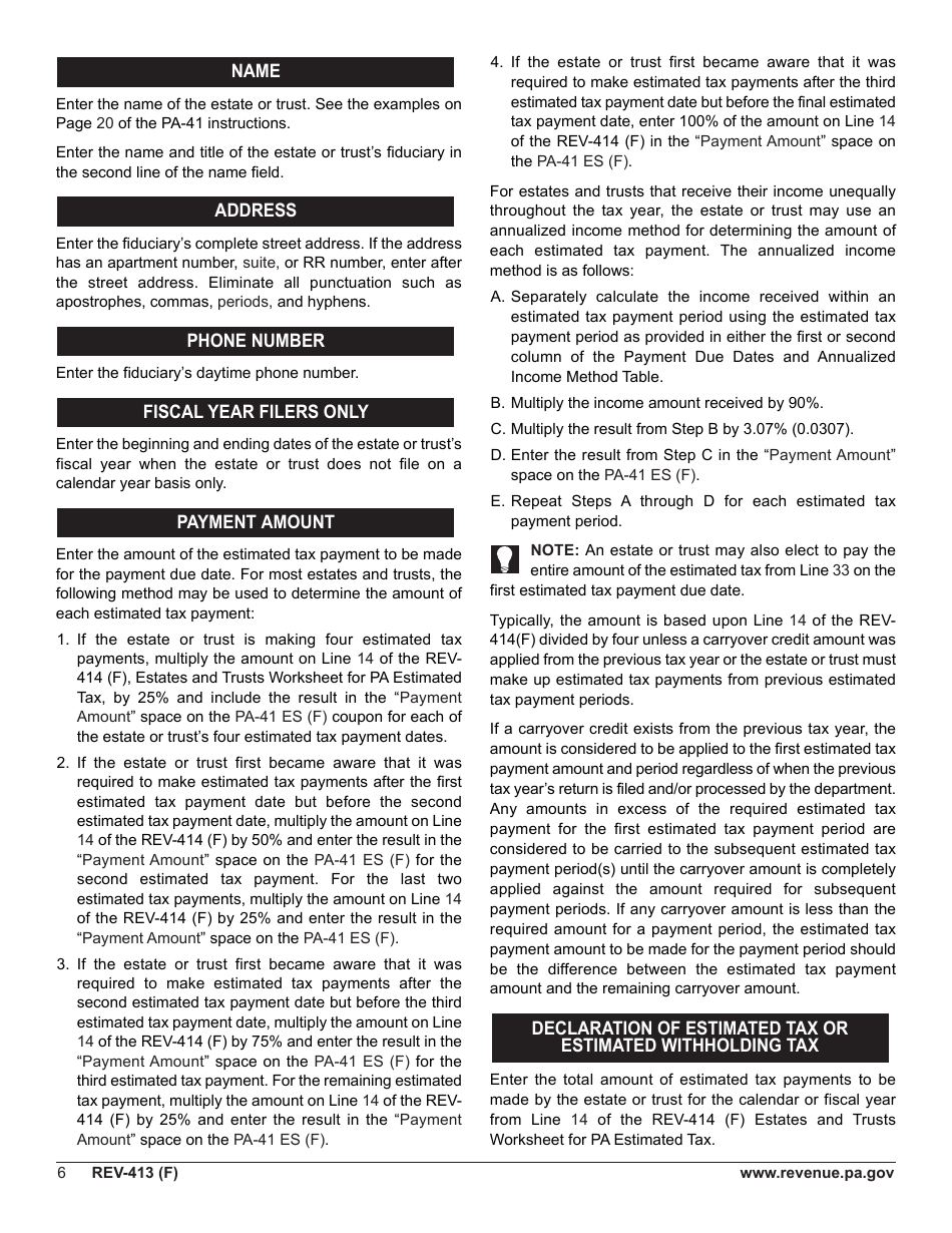 Instructions for Form REV-414 (F), PA-41 ES (F) - Pennsylvania, Page 6