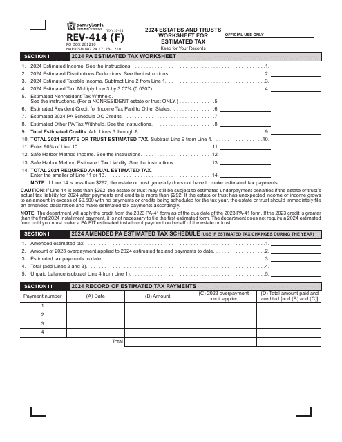 Form REV-414 (F) Estates and Trusts Worksheet for Estimated Tax - Pennsylvania, 2024