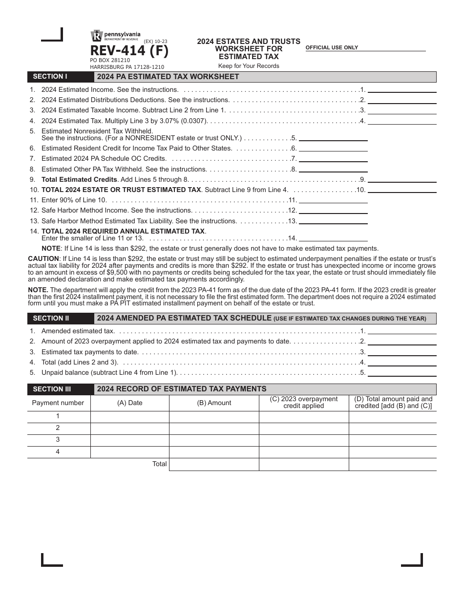 Form REV-414 (F) Estates and Trusts Worksheet for Estimated Tax - Pennsylvania, Page 1