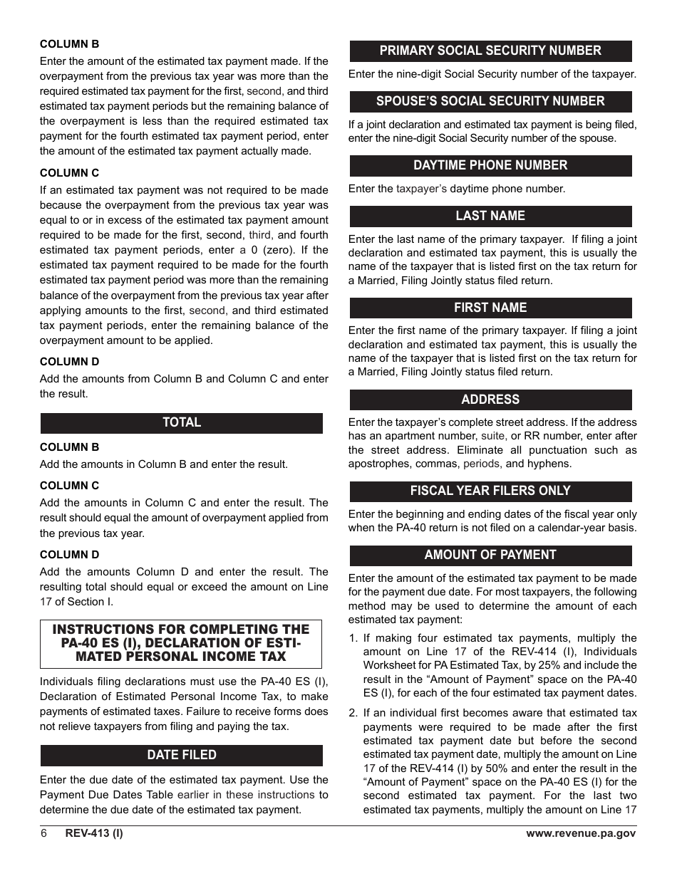 Instructions for Form REV-414 (I), PA-40 ES (I) #### - Pennsylvania, Page 6