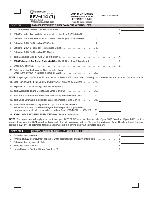 Form REV-414 (I) Individuals Worksheet for Estimated Tax - Pennsylvania, 2024