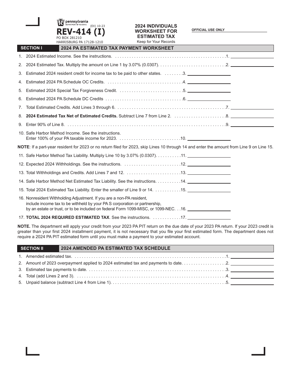 Form REV-414 (I) Individuals Worksheet for Estimated Tax - Pennsylvania, Page 1
