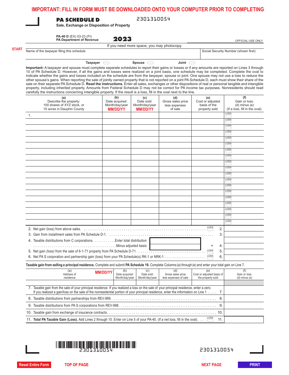 Form PA-40 Schedule D Sale, Exchange or Disposition of Property - Pennsylvania, Page 1