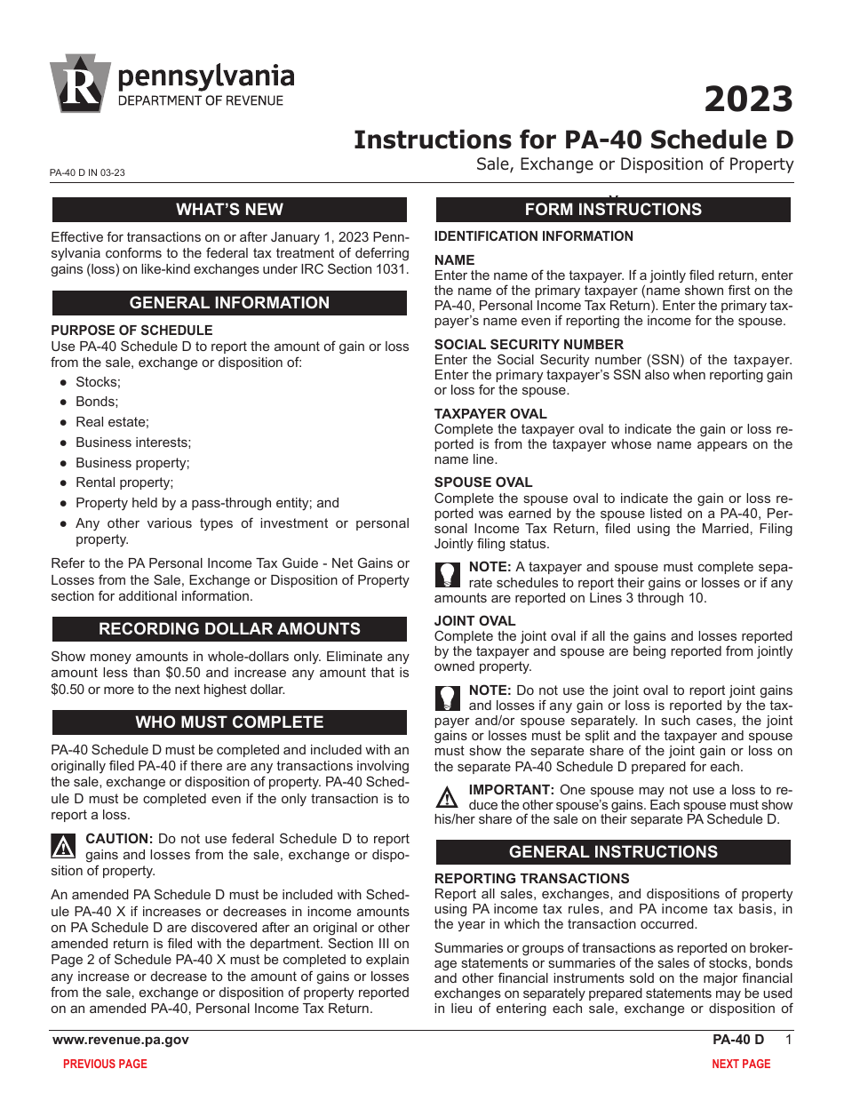 Form PA-40 Schedule D Sale, Exchange or Disposition of Property - Pennsylvania, Page 3
