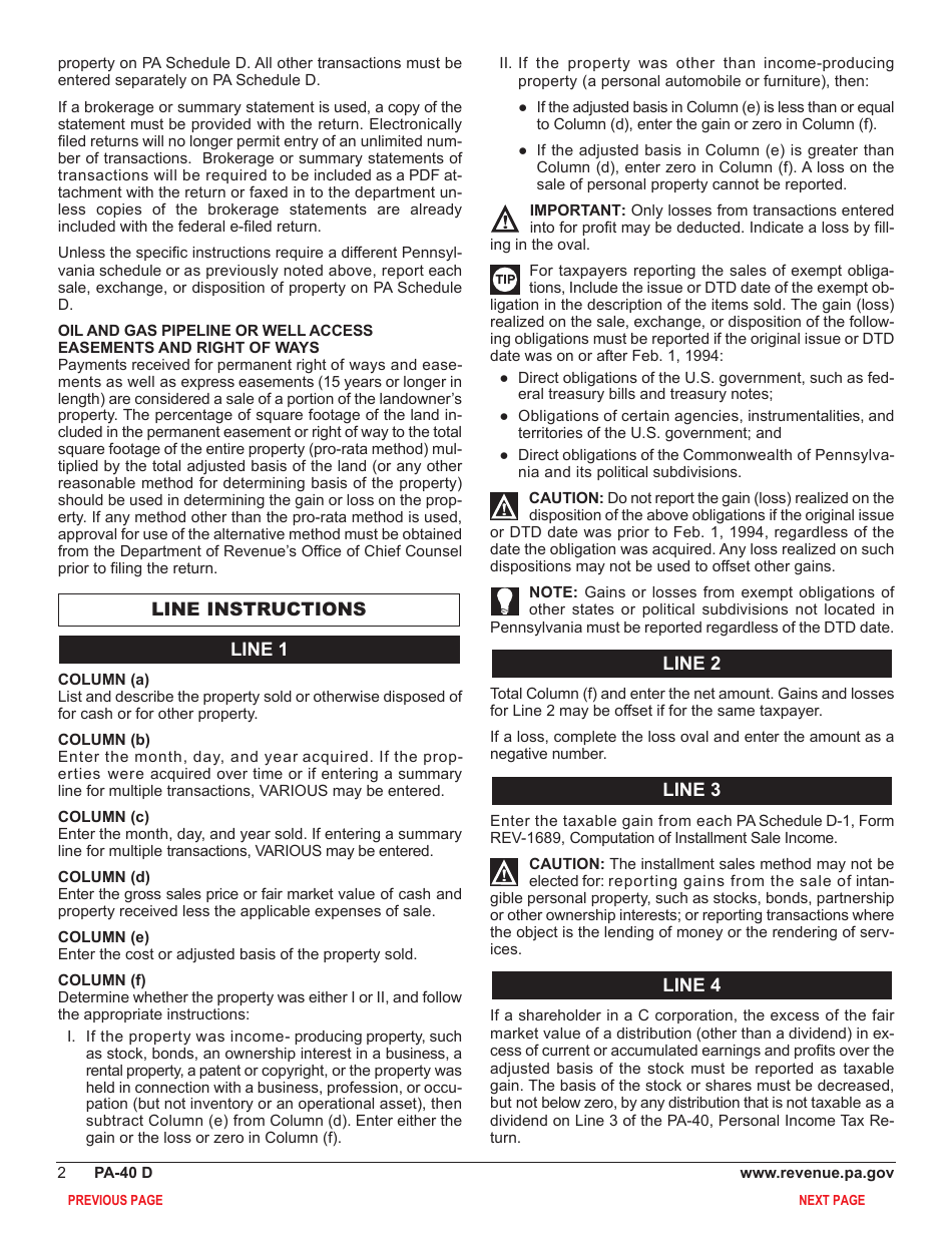 Form PA-40 Schedule D Sale, Exchange or Disposition of Property - Pennsylvania, Page 4