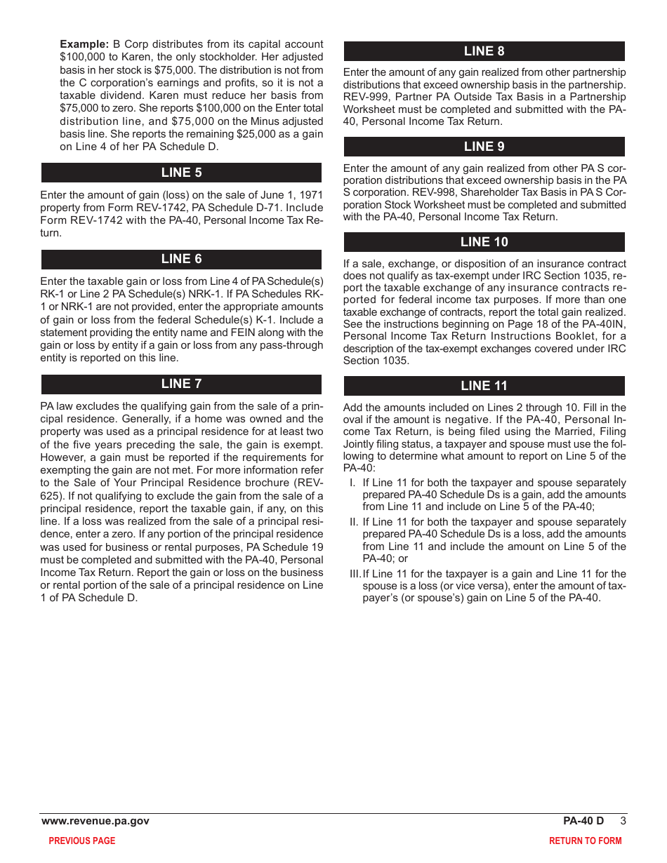 Form PA-40 Schedule D Sale, Exchange or Disposition of Property - Pennsylvania, Page 5