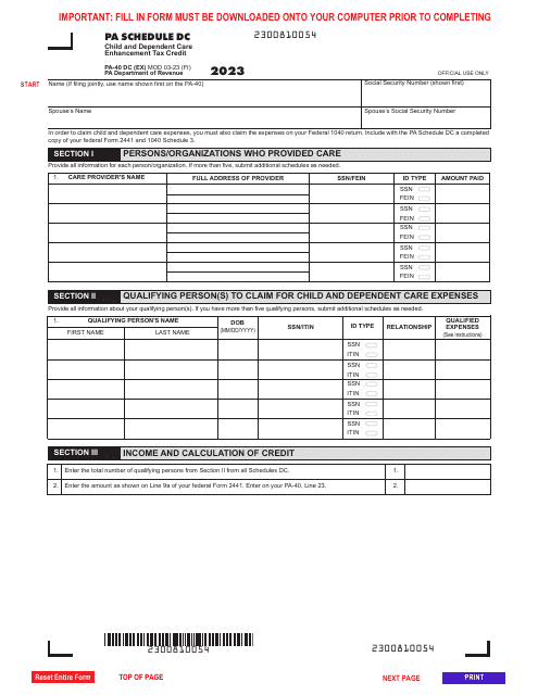 Form PA-40 Schedule DC Child and Dependent Care Enhancement Tax Credit - Pennsylvania, 2023