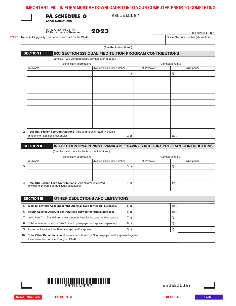 Form PA-40 Schedule O Other Deductions - Pennsylvania, Page 1