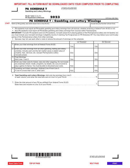 Form PA-40 Schedule T 2023 Printable Pdf