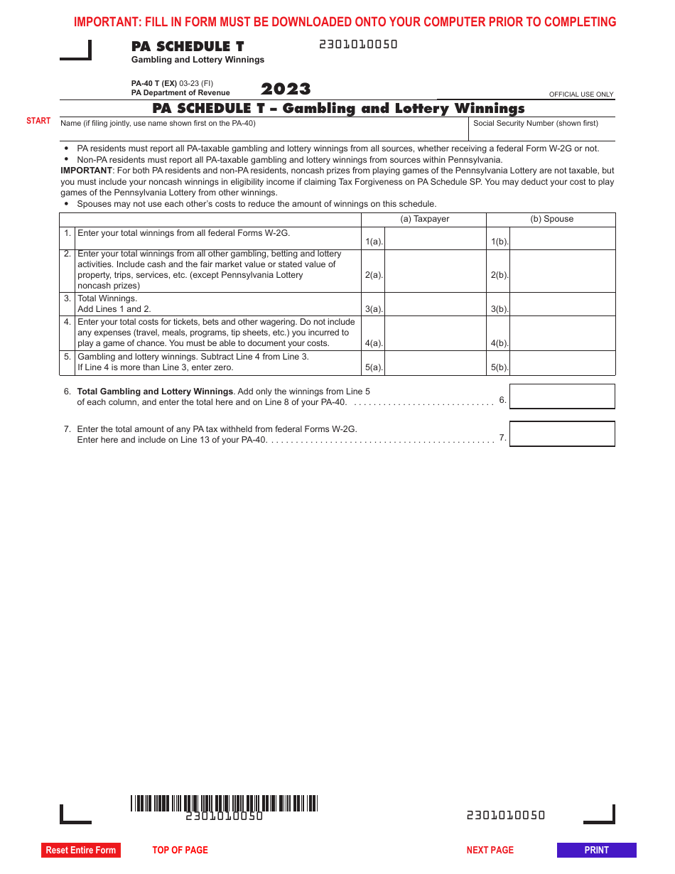 Form PA-40 Schedule T Gambling and Lottery Winnings - Pennsylvania, Page 1