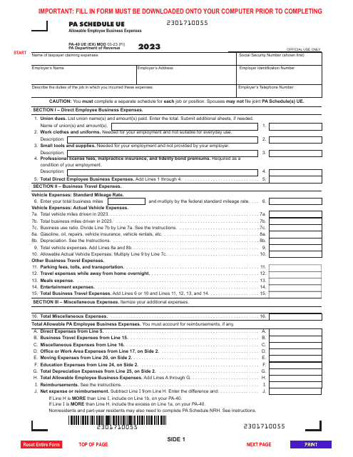 Form PA-40 Schedule UE Allowable Employee Business Expenses - Pennsylvania, 2023
