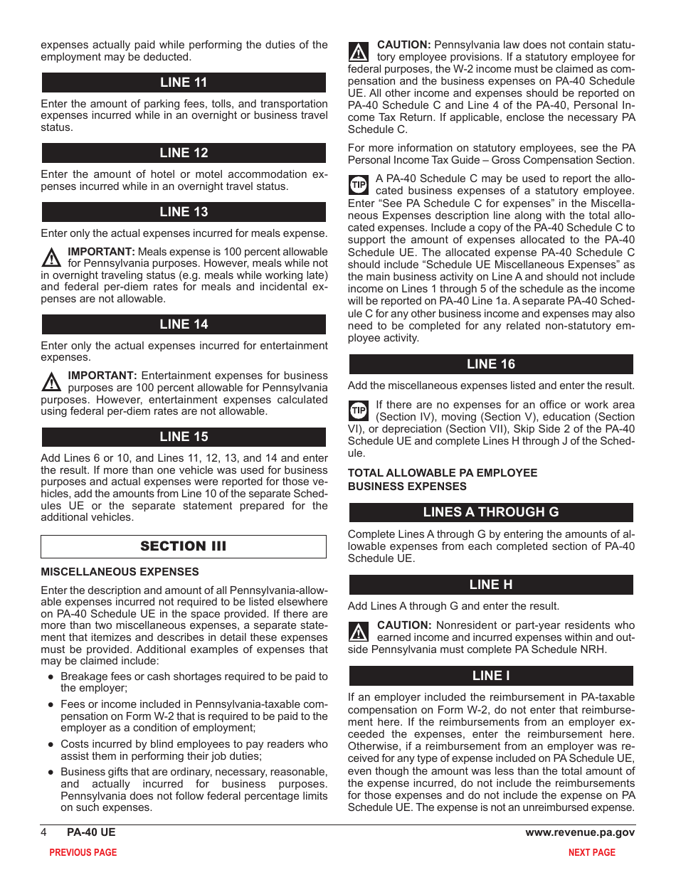 Form PA-40 Schedule UE Allowable Employee Business Expenses - Pennsylvania, Page 6