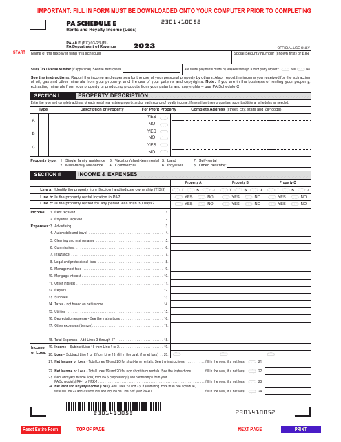 Form PA-40 Schedule E Rents and Royalty Income (Loss) - Pennsylvania, 2023