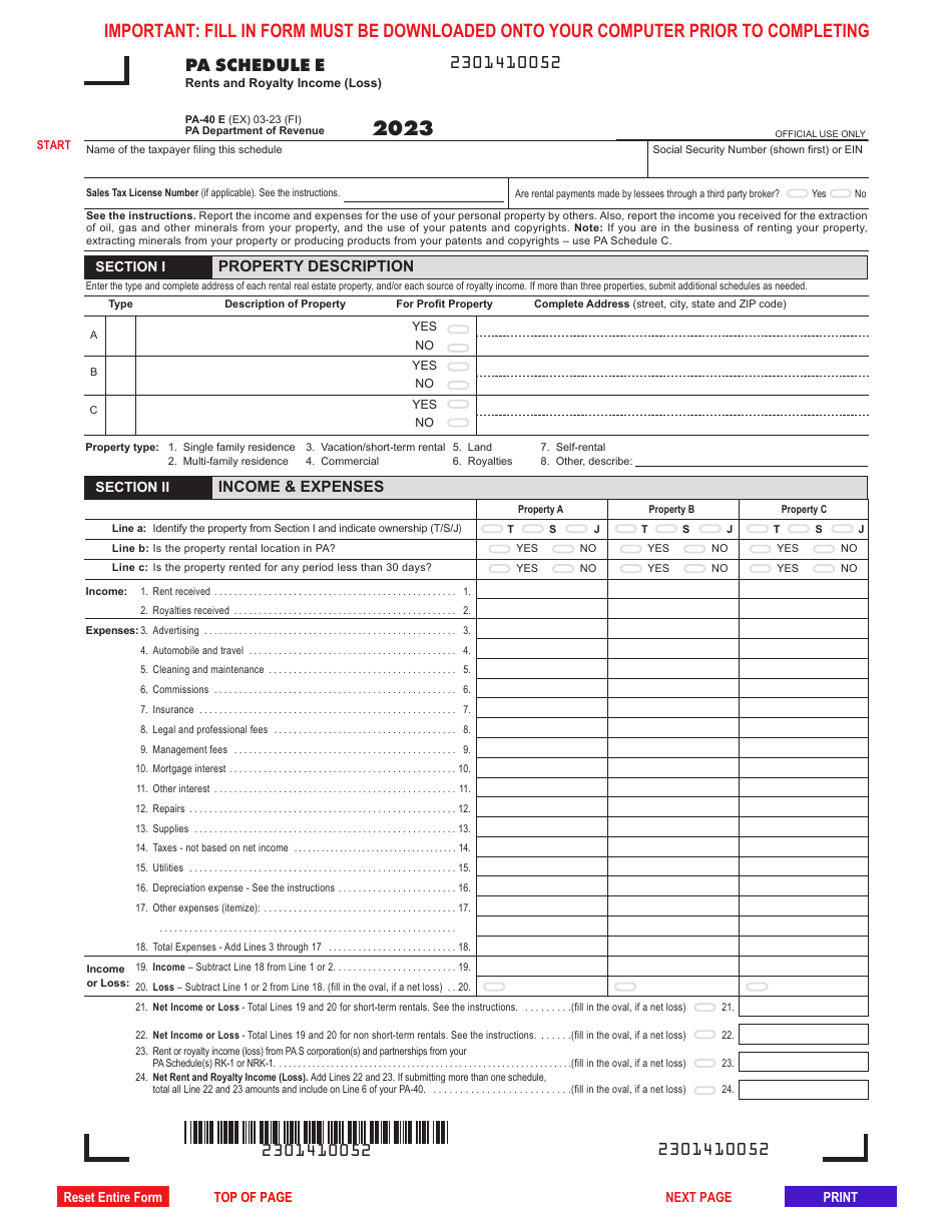 Form PA-40 Schedule E Rents and Royalty Income (Loss) - Pennsylvania, Page 1