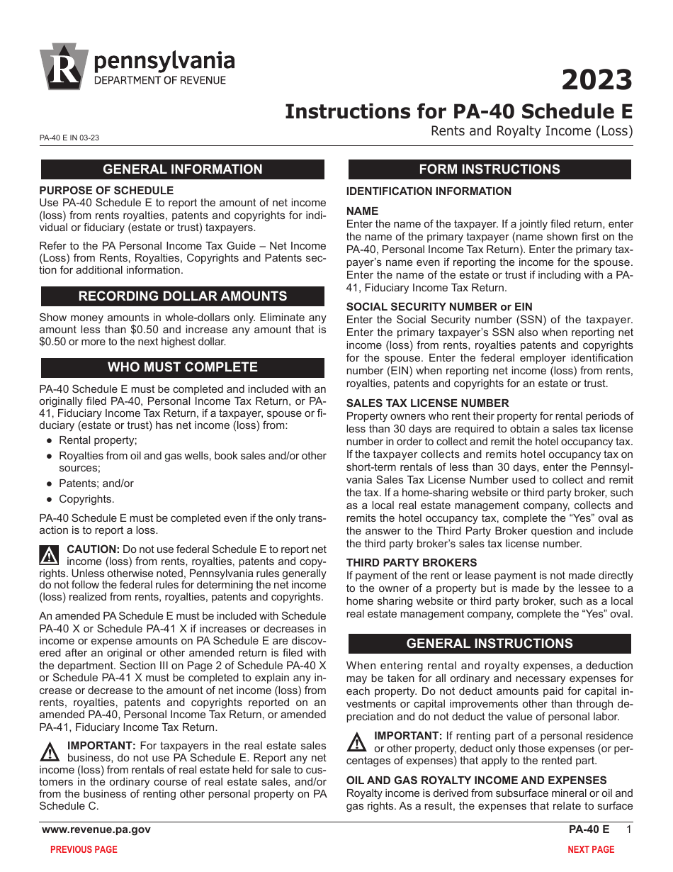 Form PA40 Schedule E Download Fillable PDF or Fill Online Rents and