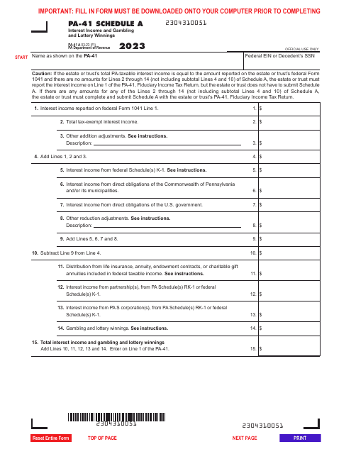 Form PA-41 Schedule A 2023 Printable Pdf