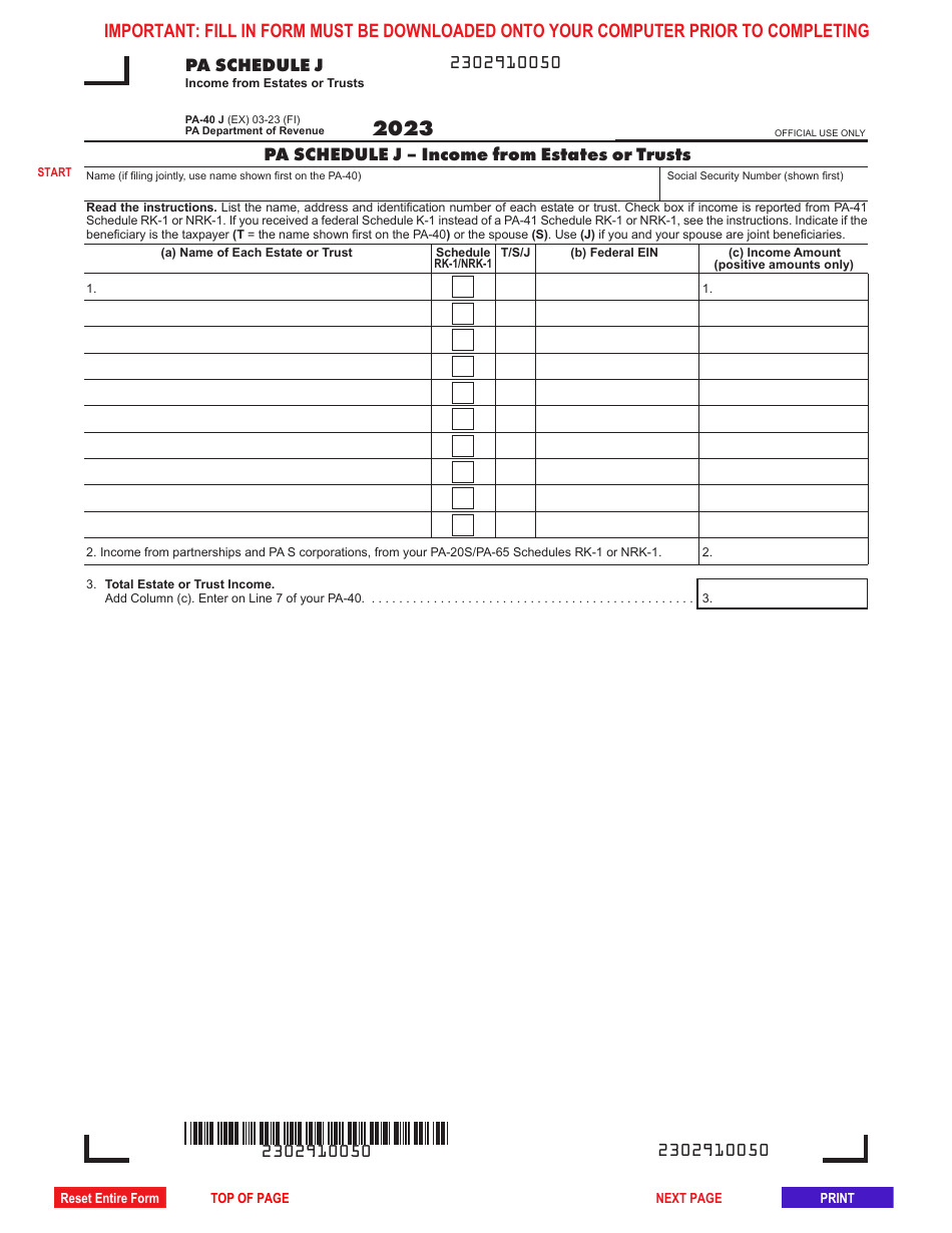 Form PA40 Schedule J Download Fillable PDF or Fill Online From