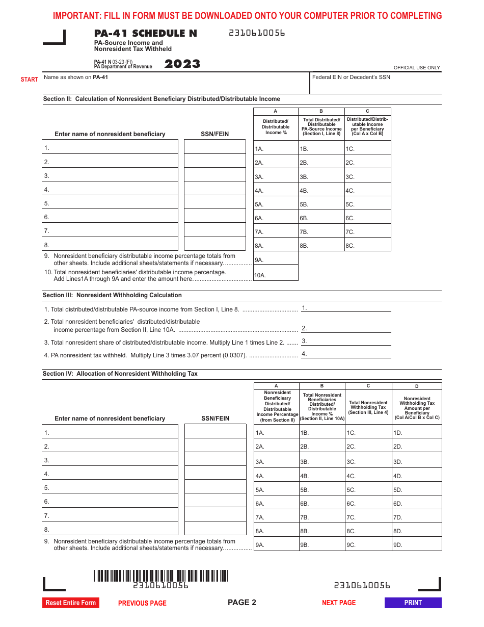 Form PA-41 Schedule N Pa-Source Income and Nonresident Tax Withheld - Pennsylvania, Page 2