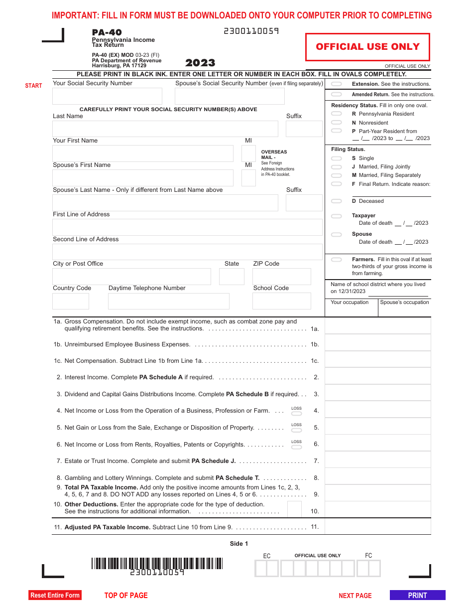 Form PA-40 Pennsylvania Income Tax Return - Pennsylvania, Page 1