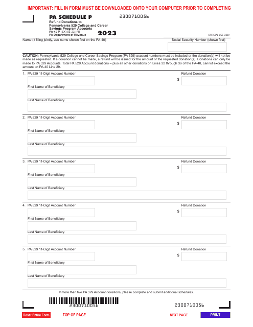 Form PA-40 Schedule P 2023 Printable Pdf