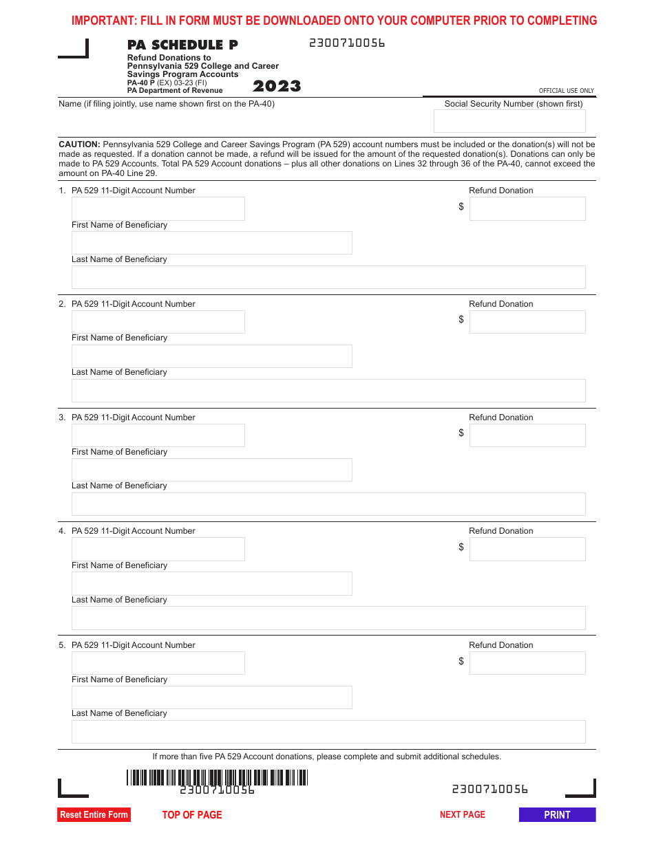 Form PA-40 Schedule P Refund Donations to Pennsylvania 529 College and Career Savings Program Accounts - Pennsylvania, Page 1