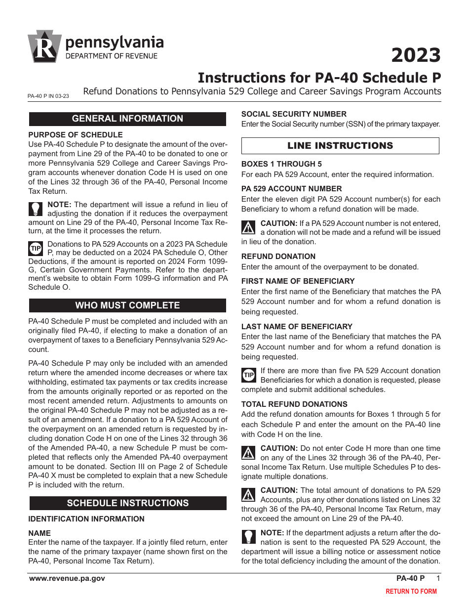 Form PA-40 Schedule P Refund Donations to Pennsylvania 529 College and Career Savings Program Accounts - Pennsylvania, Page 3