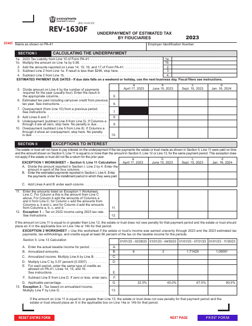 Form REV-1630F Underpayment of Estimated Tax by Fiduciaries - Pennsylvania, 2023