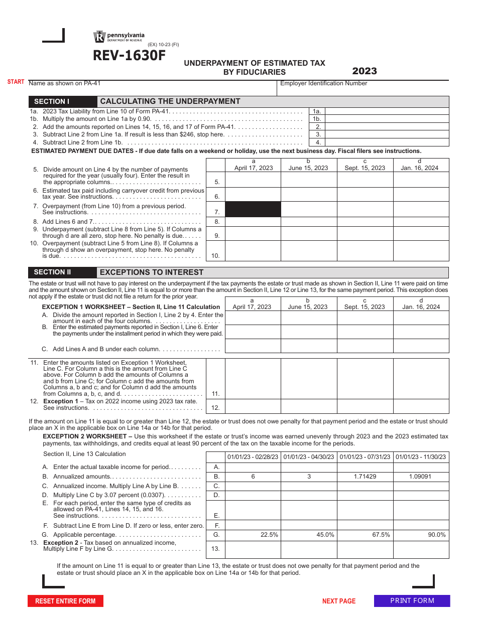 Form REV-1630F Underpayment of Estimated Tax by Fiduciaries - Pennsylvania, Page 1