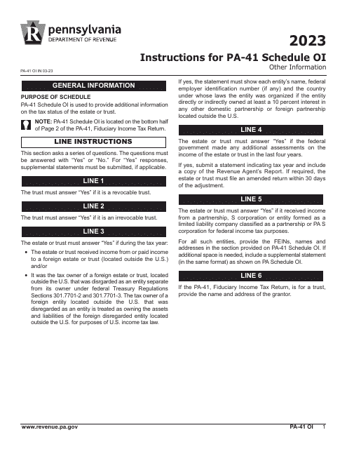 Form PA-41 Schedule OI 2023 Printable Pdf