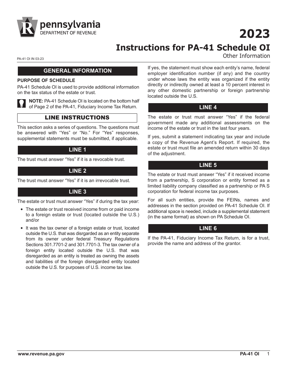 Instructions for Form PA-41 Schedule OI Other Information - Pennsylvania, Page 1