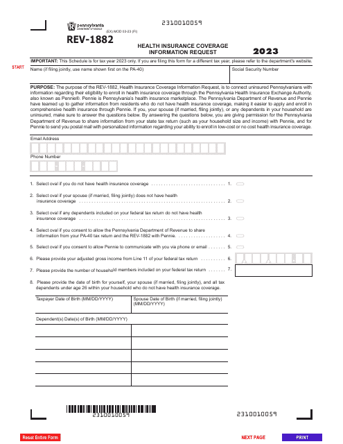 Form REV-1882 Health Insurance Coverage Information Request - Pennsylvania, 2023