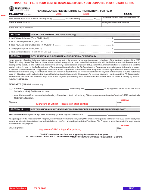 Form PA-8879F Pennsylvania E-File Signature Authorization - Pennsylvania, 2023