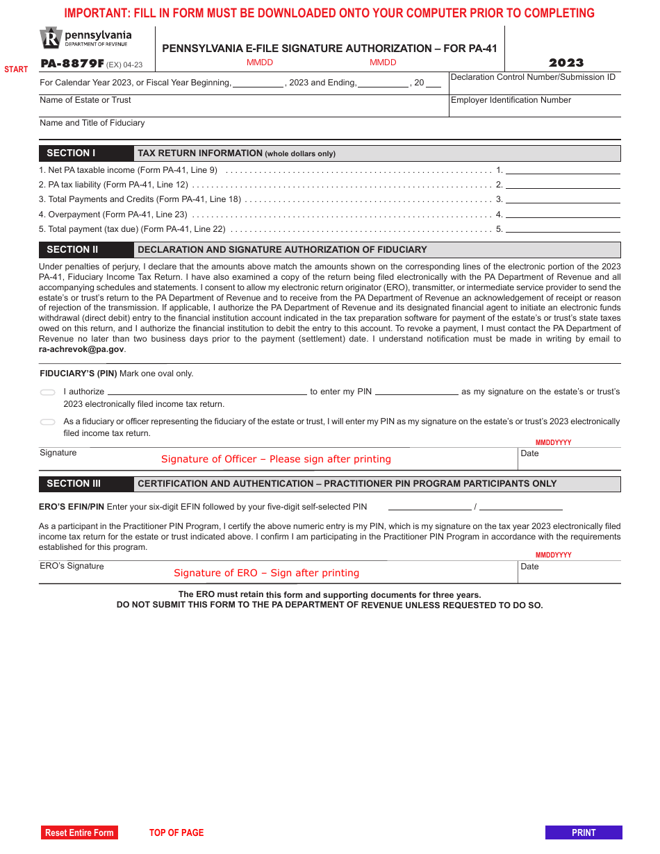 Form PA-8879F Pennsylvania E-File Signature Authorization - Pennsylvania, Page 1