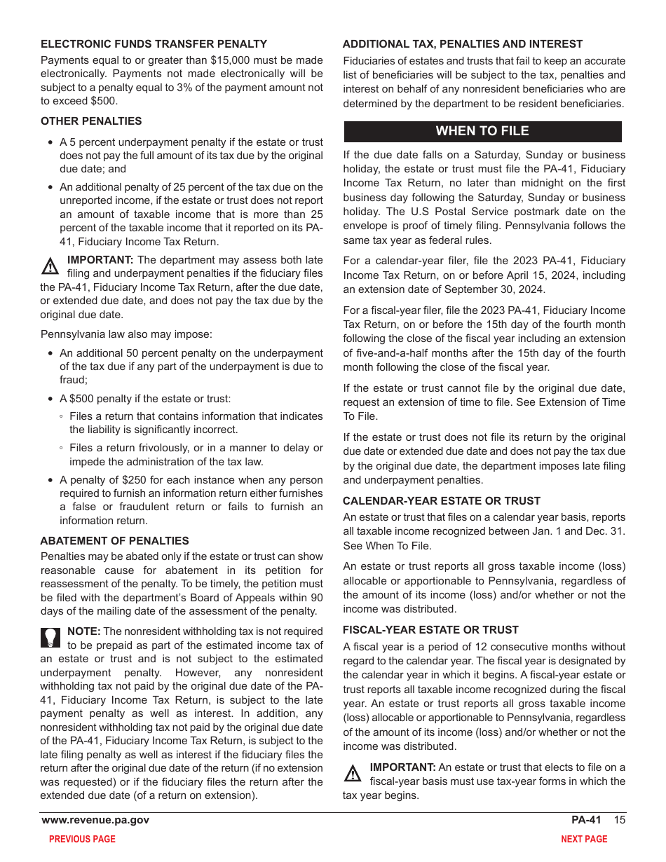 Form PA-41 Pennsylvania Fiduciary Income Tax Return - Pennsylvania, Page 17