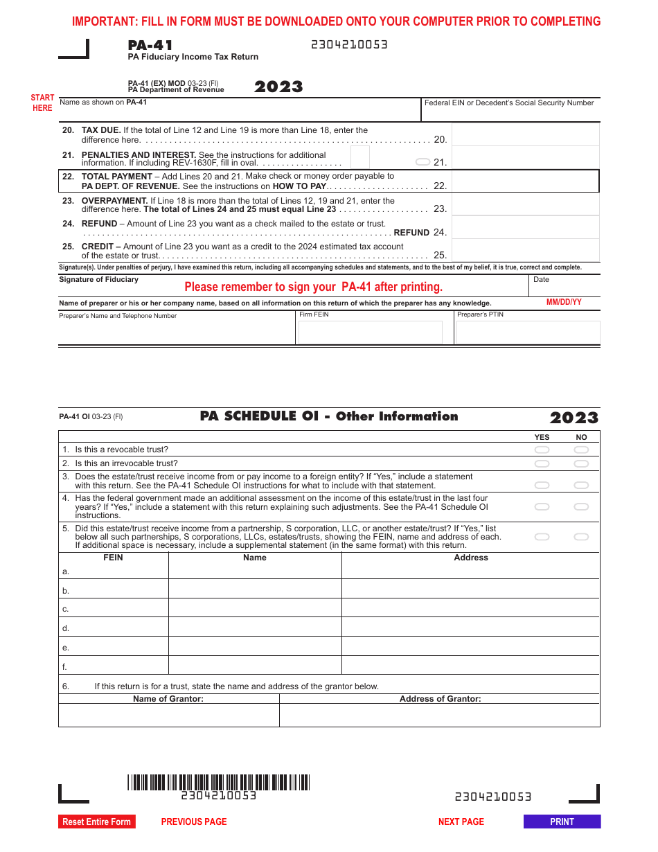 Form PA-41 Pennsylvania Fiduciary Income Tax Return - Pennsylvania, Page 2