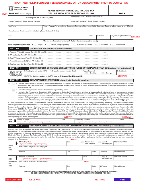 Form Pa 8453 Download Fillable Pdf Or Fill Online Pennsylvania Individual Income Tax Declaration