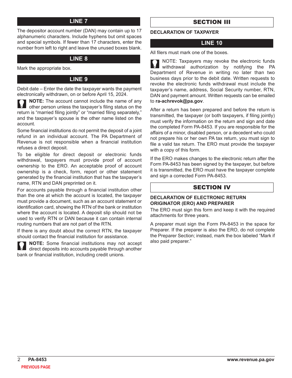 Form PA-8453 Pennsylvania Individual Income Tax Declaration for Electronic Filing - Pennsylvania, Page 4