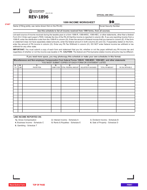 Form REV-1896 1099 Income Worksheet - Pennsylvania