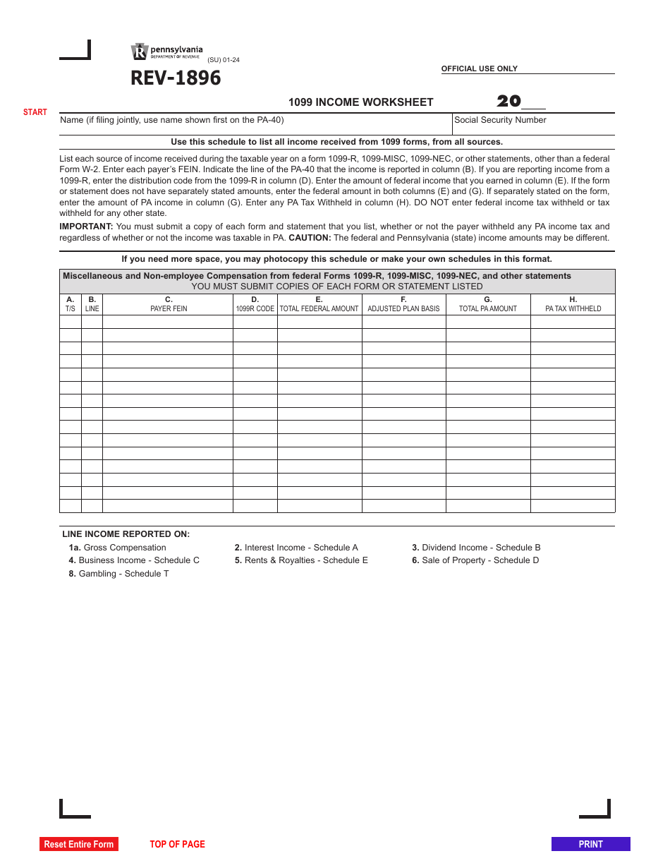 Form REV-1896 1099 Income Worksheet - Pennsylvania, Page 1