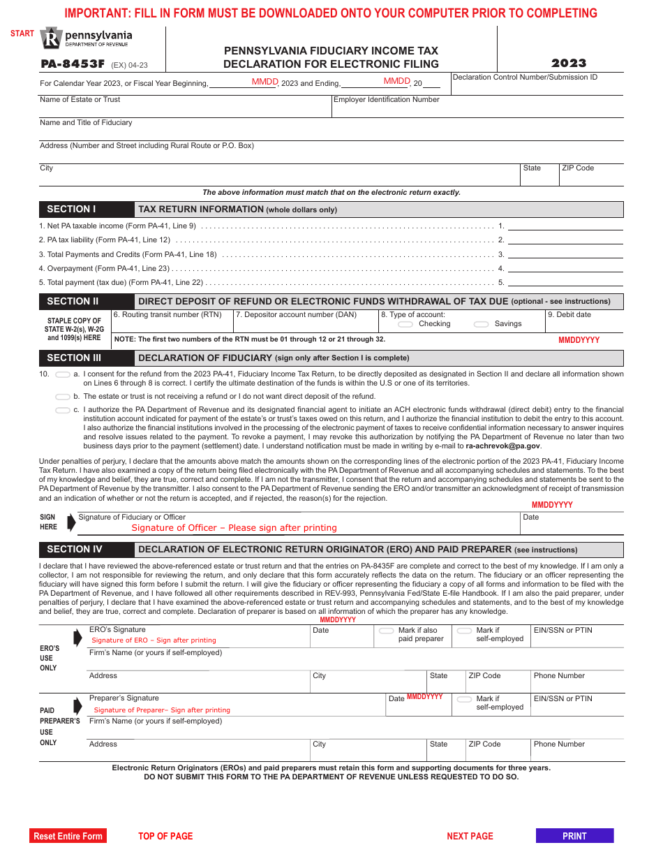 Form PA-8453F Pennsylvania Fiduciary Income Tax Declaration for Electronic Filing - Pennsylvania, Page 1