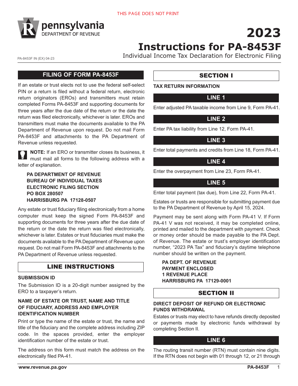Form PA-8453F Pennsylvania Fiduciary Income Tax Declaration for Electronic Filing - Pennsylvania, Page 2